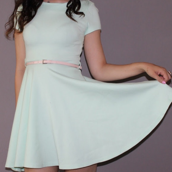H&M mint skater style dress with pink belt - Picture 1 of 6